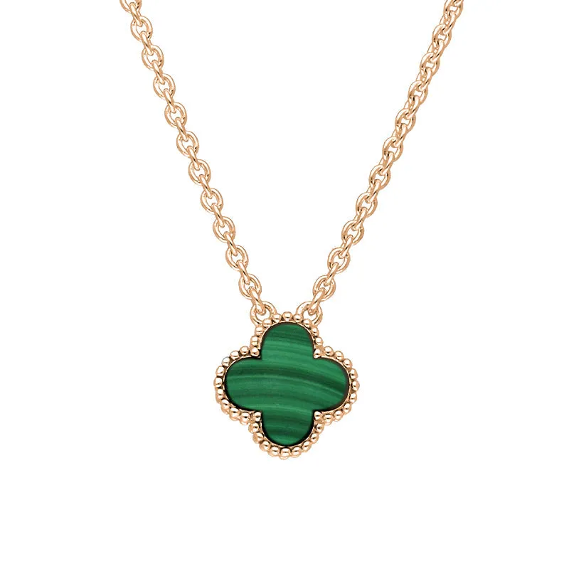 18ct Rose Gold Malachite Bloom Small Four Leaf Clover Ball Edge Chain Necklace