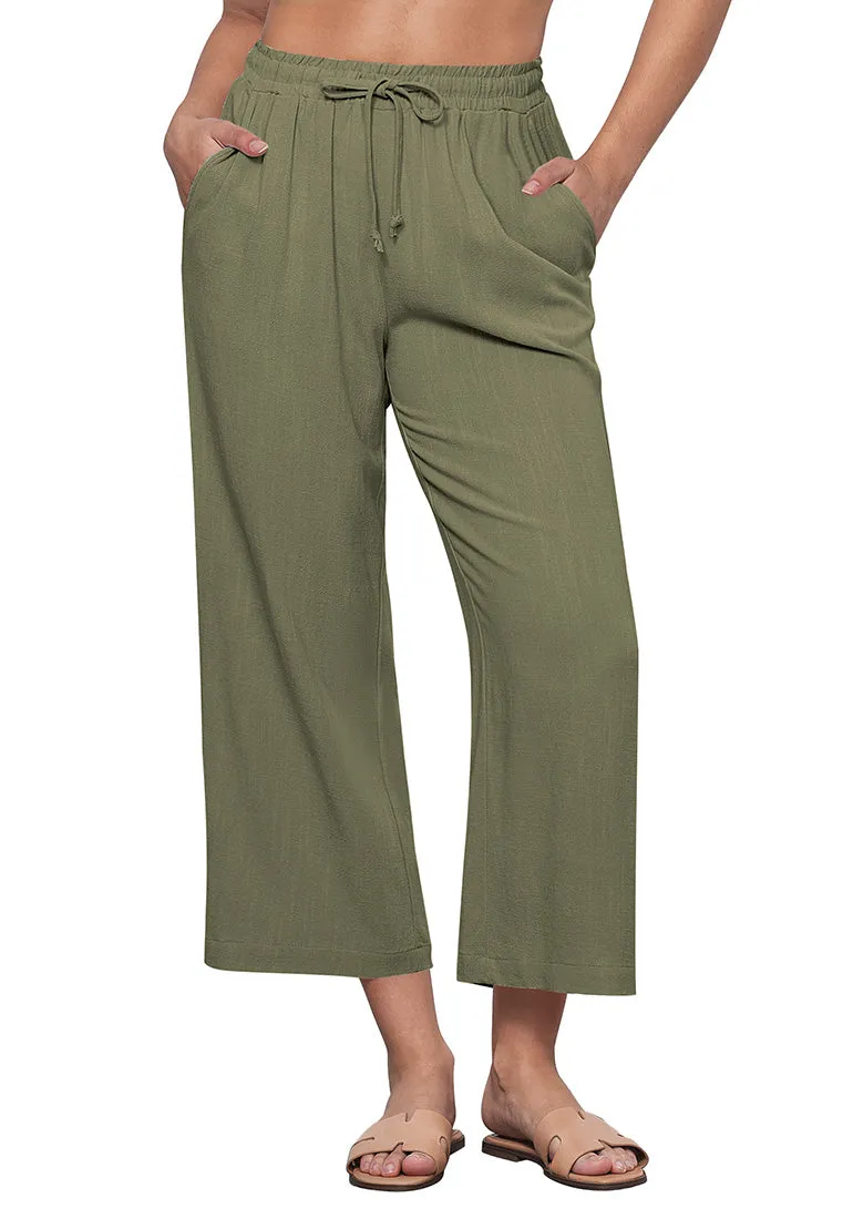 Army Green Women's Brief High Waist Trousers Elastic Waist Wide Leg Pants