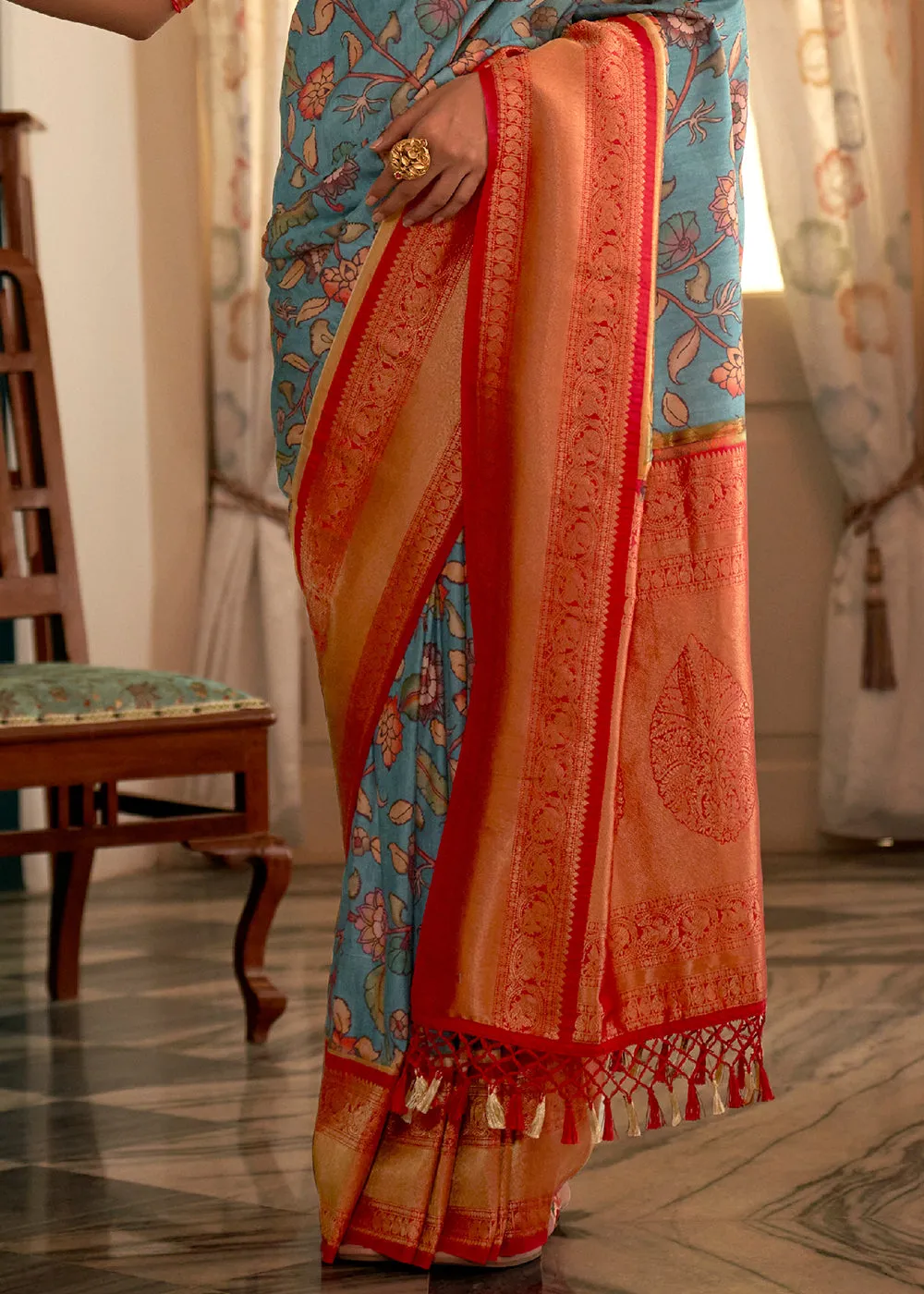 Blue & Orange Tussar Silk Saree with kalamkari Print