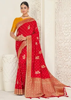 Candy Red Zari Woven Dola Silk Saree