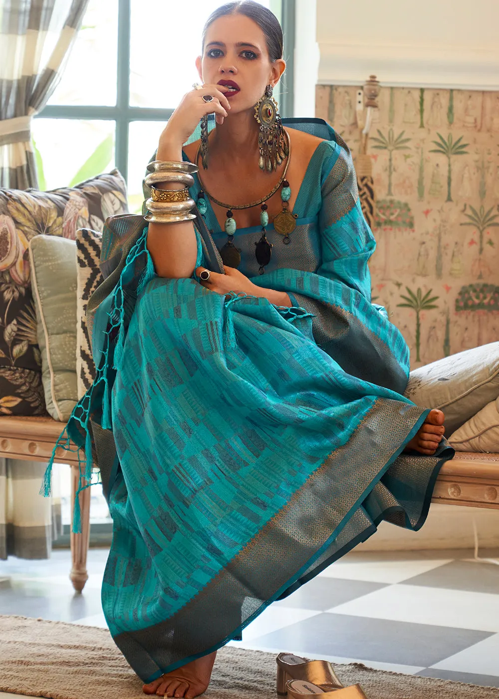 Cerulean Blue Two Tone Handloom Weaving Organza Silk Saree : Top Pick