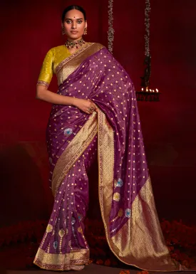 Cobalt Violet Zari Woven Khadi Silk Saree with Contrast Blouse