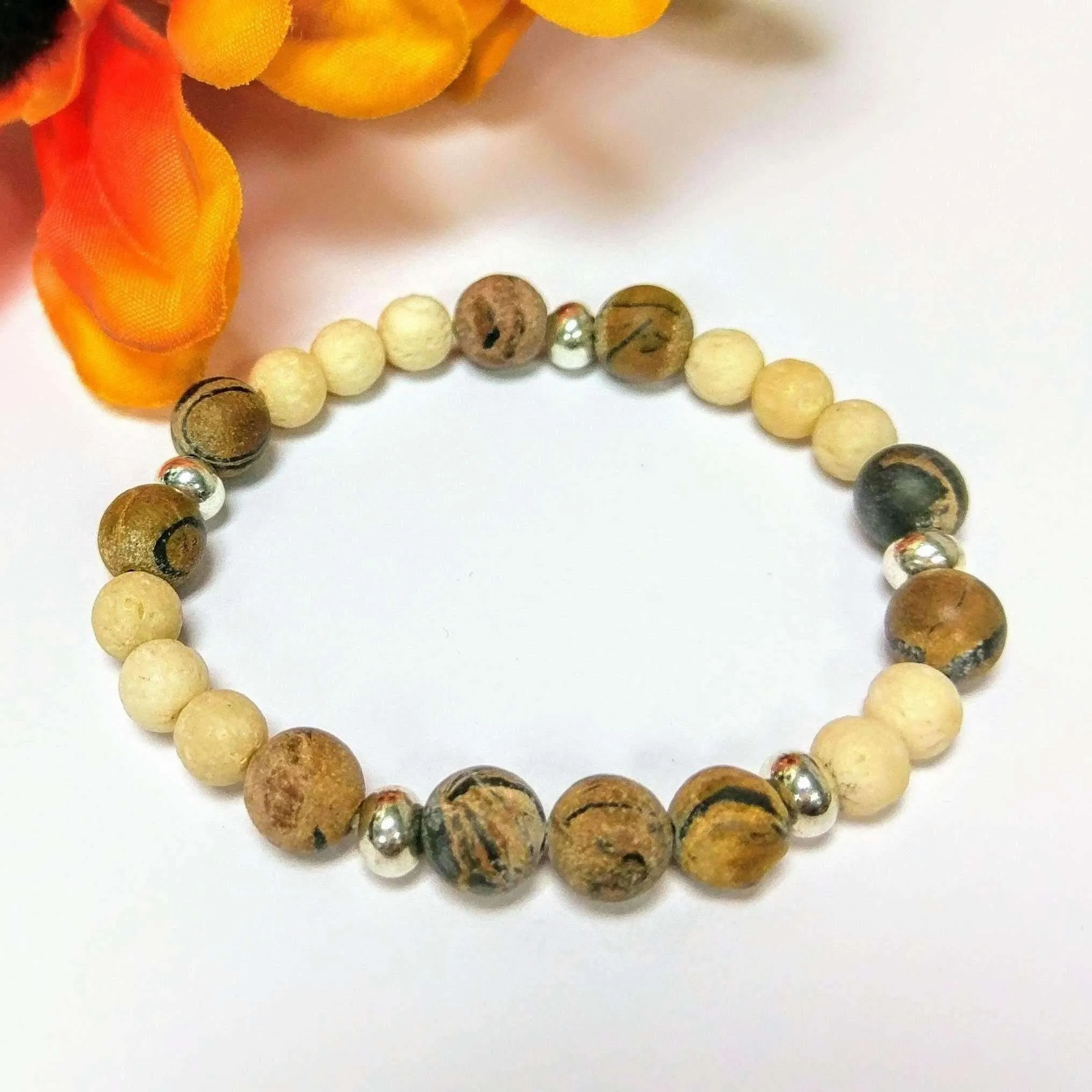 Cream Lava and Wood Bead Unisex Stretch bracelet