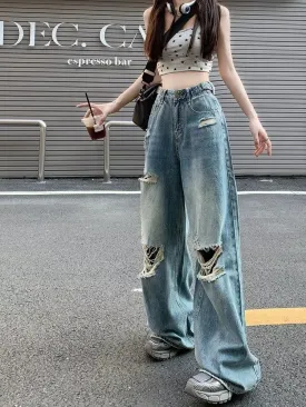 deanwangkt Vintage Pants, Jeans, Women's Torn Wide Leg Pants, Summer High Waisted, Slimming, Loose Fitting Long Pants, Women's Jeans