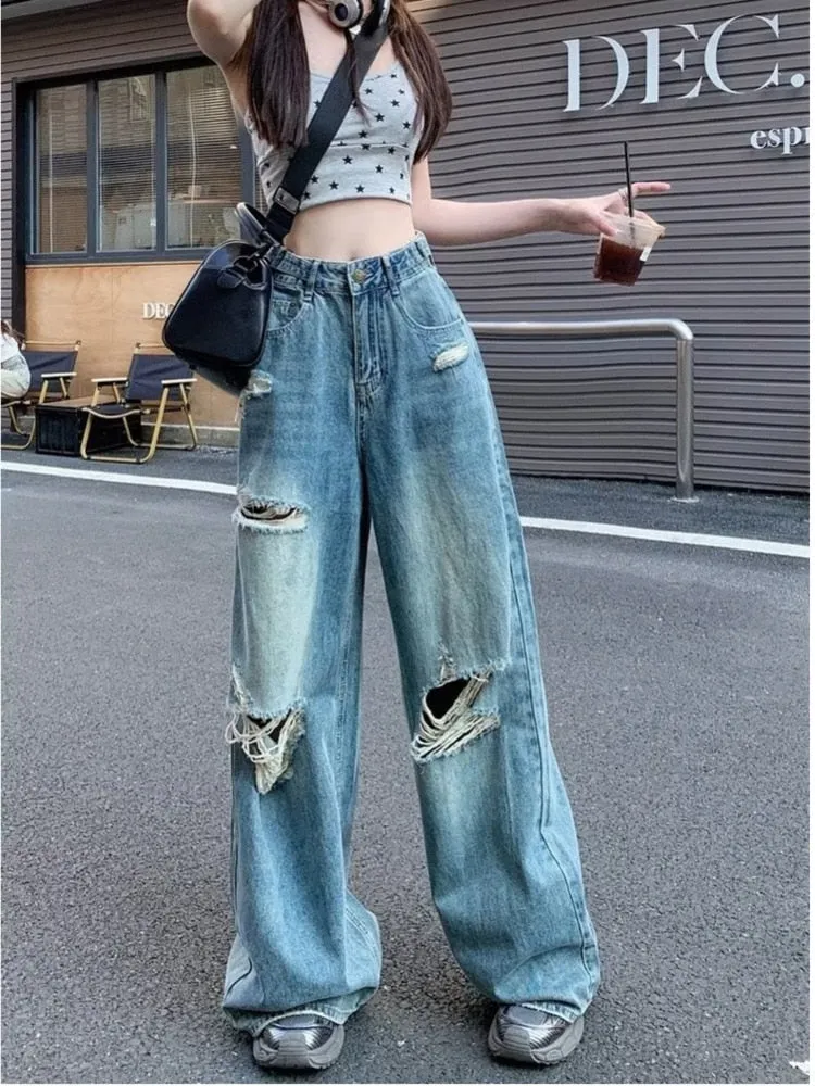 deanwangkt Vintage Pants, Jeans, Women's Torn Wide Leg Pants, Summer High Waisted, Slimming, Loose Fitting Long Pants, Women's Jeans