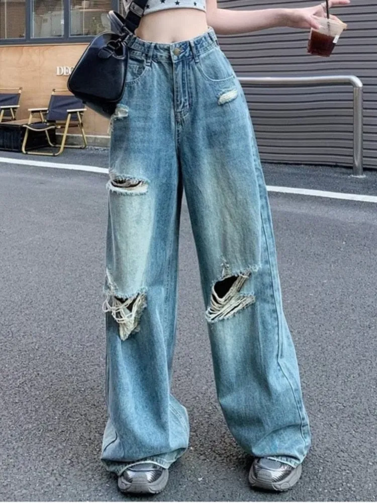 deanwangkt Vintage Pants, Jeans, Women's Torn Wide Leg Pants, Summer High Waisted, Slimming, Loose Fitting Long Pants, Women's Jeans