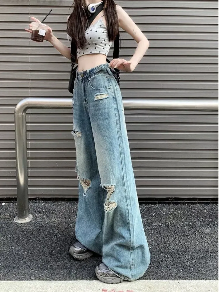 deanwangkt Vintage Pants, Jeans, Women's Torn Wide Leg Pants, Summer High Waisted, Slimming, Loose Fitting Long Pants, Women's Jeans