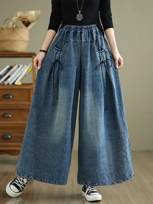 High Waisted Loose Elasticity Pleated Pockets Jean Pants Bottoms