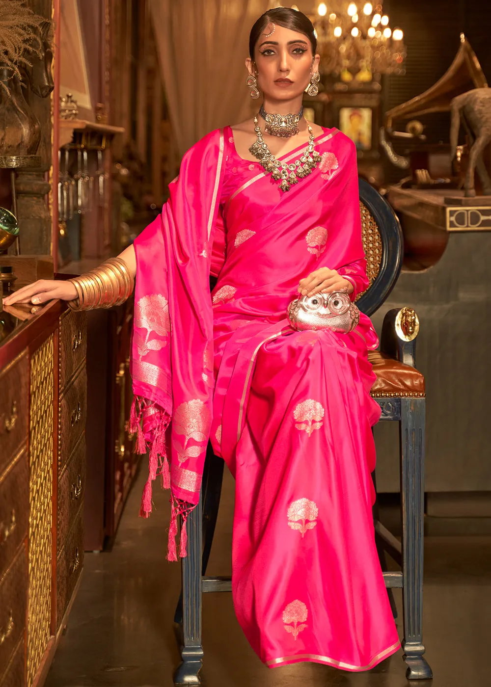 Hot Pink Zari Woven Satin Silk Saree