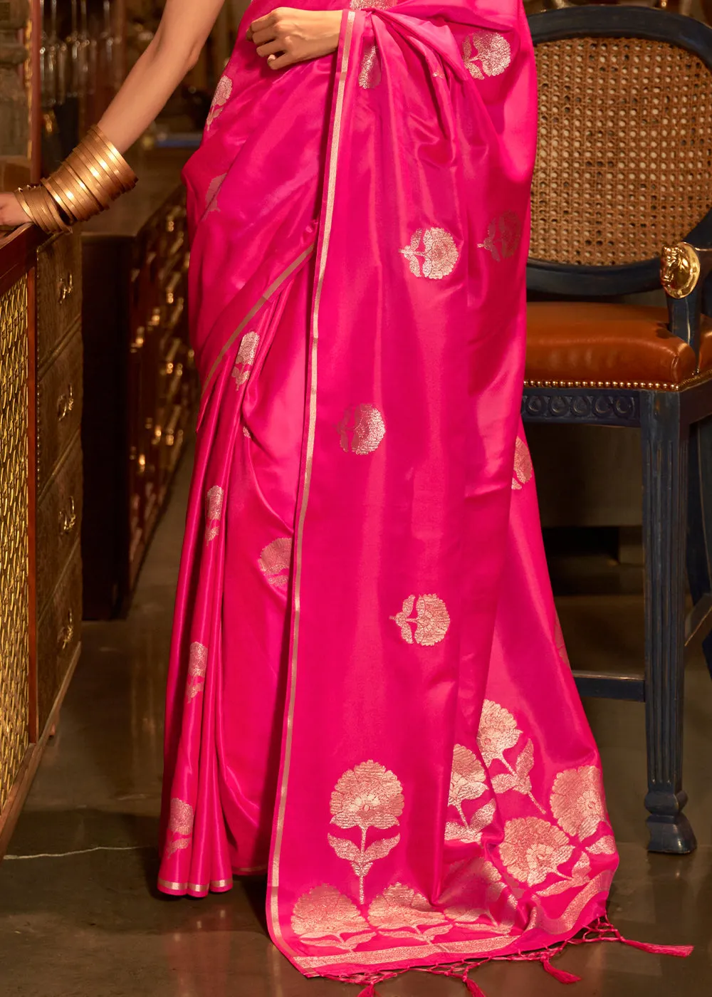 Hot Pink Zari Woven Satin Silk Saree