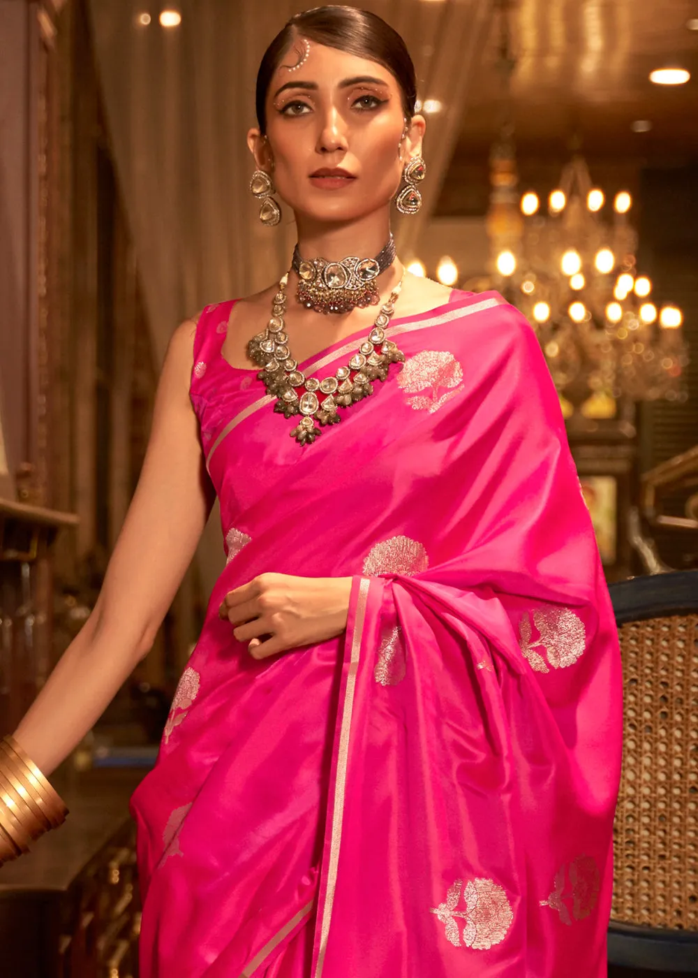 Hot Pink Zari Woven Satin Silk Saree