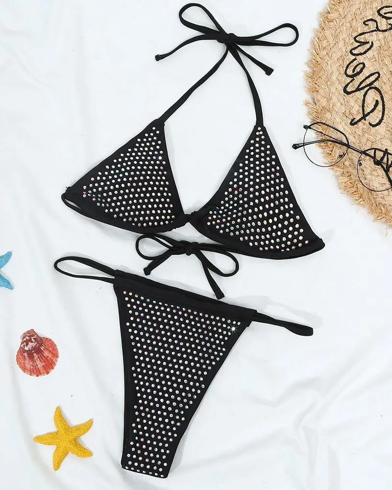 Lace-up Solid Color Studded Sleeveless Bikini