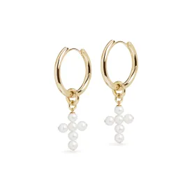 Large Hoop and Cross Pearl Charm Gold Earring Set