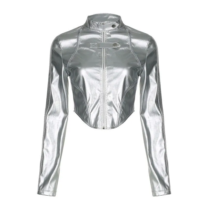 Metallic Coated Fabric Hipster Reflective Leather Jacket Stand Collar Irregular Asymmetric Hem Short Cropped-Exposed Sexy Jacket Top