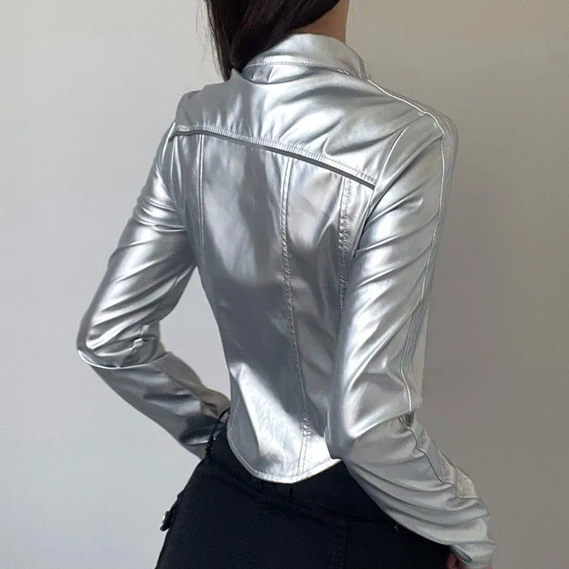 Metallic Coated Fabric Hipster Reflective Leather Jacket Stand Collar Irregular Asymmetric Hem Short Cropped-Exposed Sexy Jacket Top