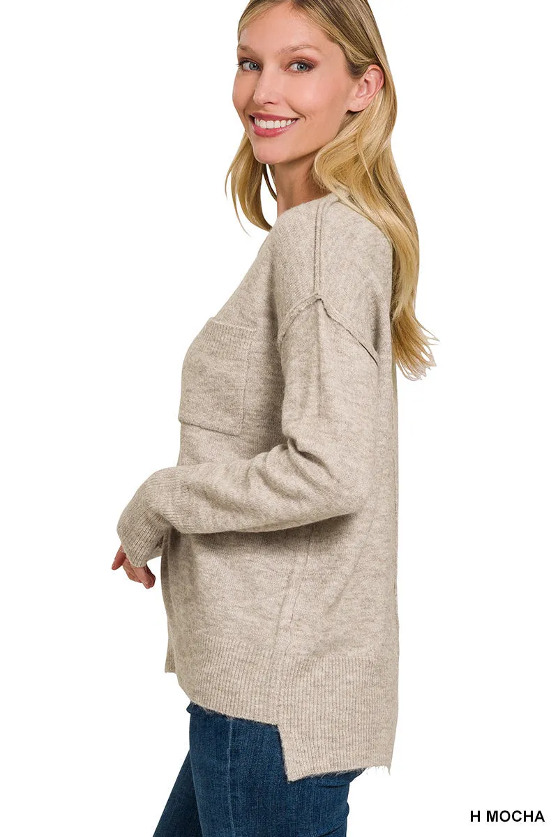 Mocha Melange Hi-Low Pocket Sweater