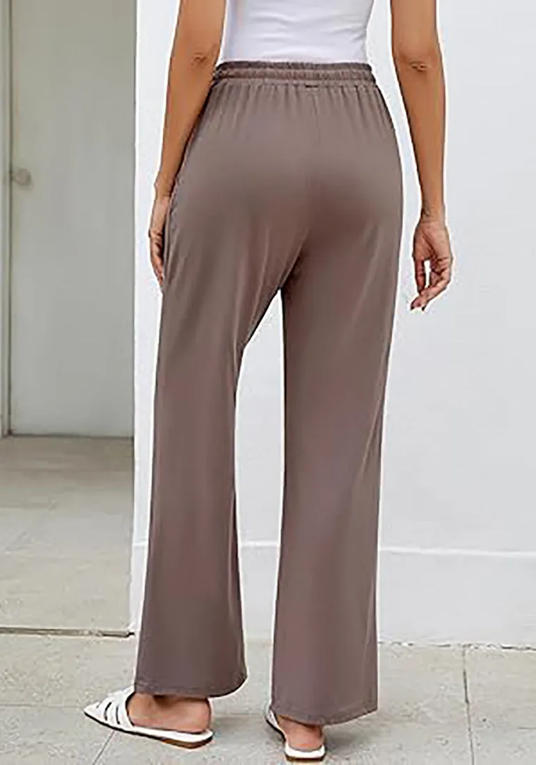 Mocha Women's Casual Elastic Waist Full Length Relaxed Fit Stretch Wide Leg Pants Side Pocket