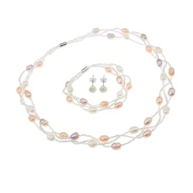 Natural MultiColour Freshwater Pearl Necklace Bracelet and Earrings Women's Jewellery Set