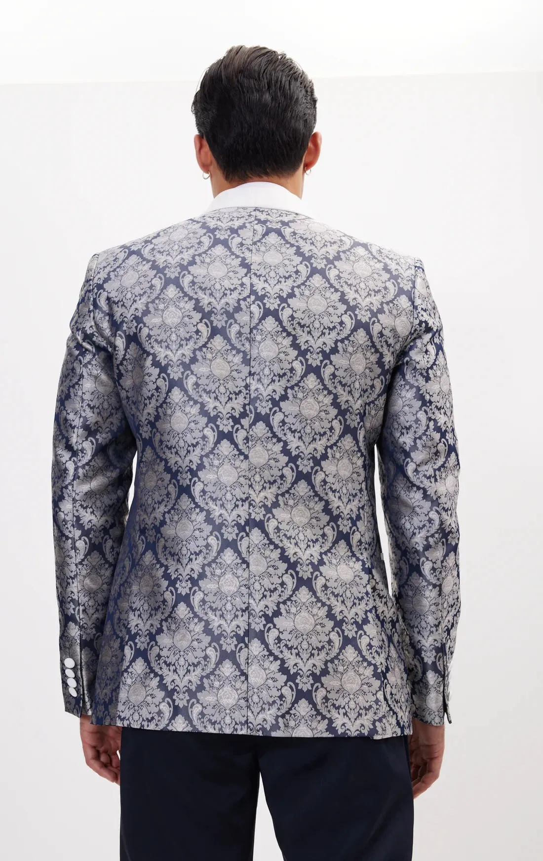 Ornate Floral Jacquard Tuxedo - Navy/Grey/White