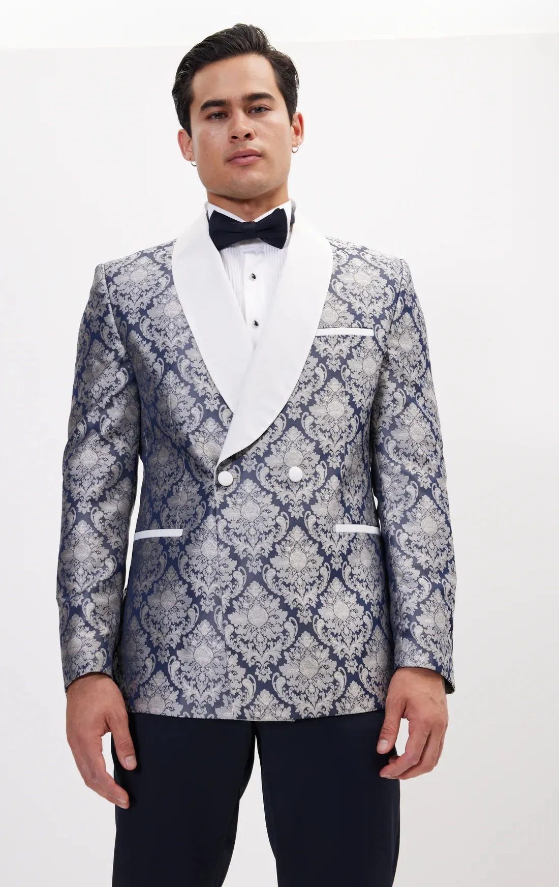 Ornate Floral Jacquard Tuxedo - Navy/Grey/White