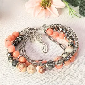 Peach Dream Crystal Beaded layered cuff bracelet