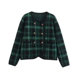 Pre Order: Green Checkered Double Breasted Knitted Cardigan