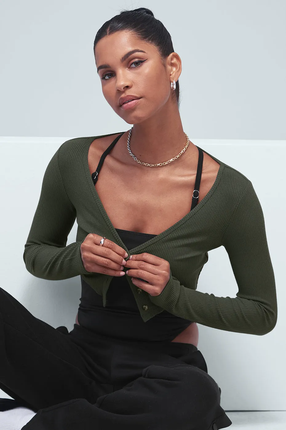 Ribbed Cropped Whisper Cardigan - Dark Cactus