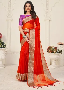 Scarlet Red Designer Organza Silk Saree with Tassels On Pallu