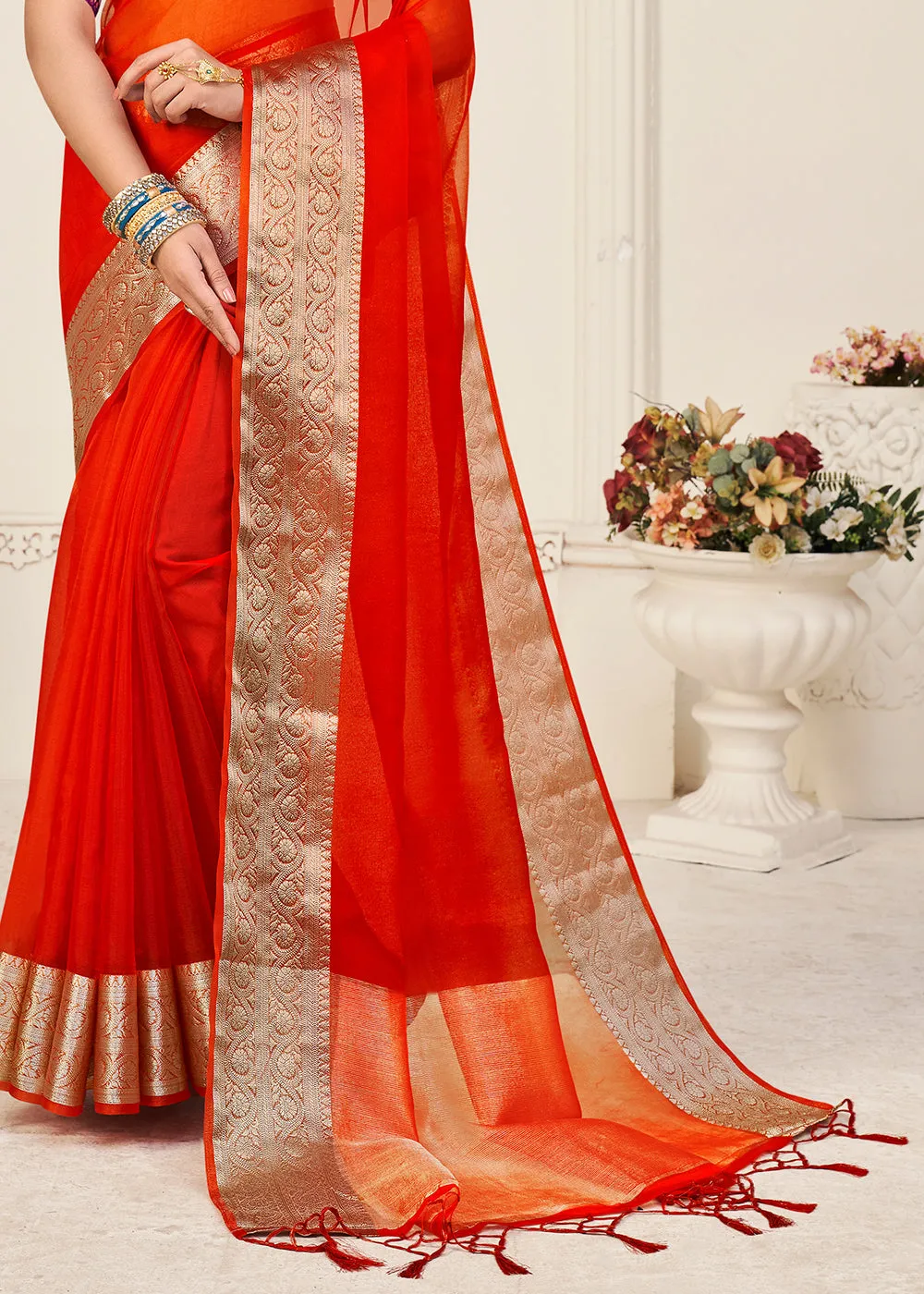 Scarlet Red Designer Organza Silk Saree with Tassels On Pallu