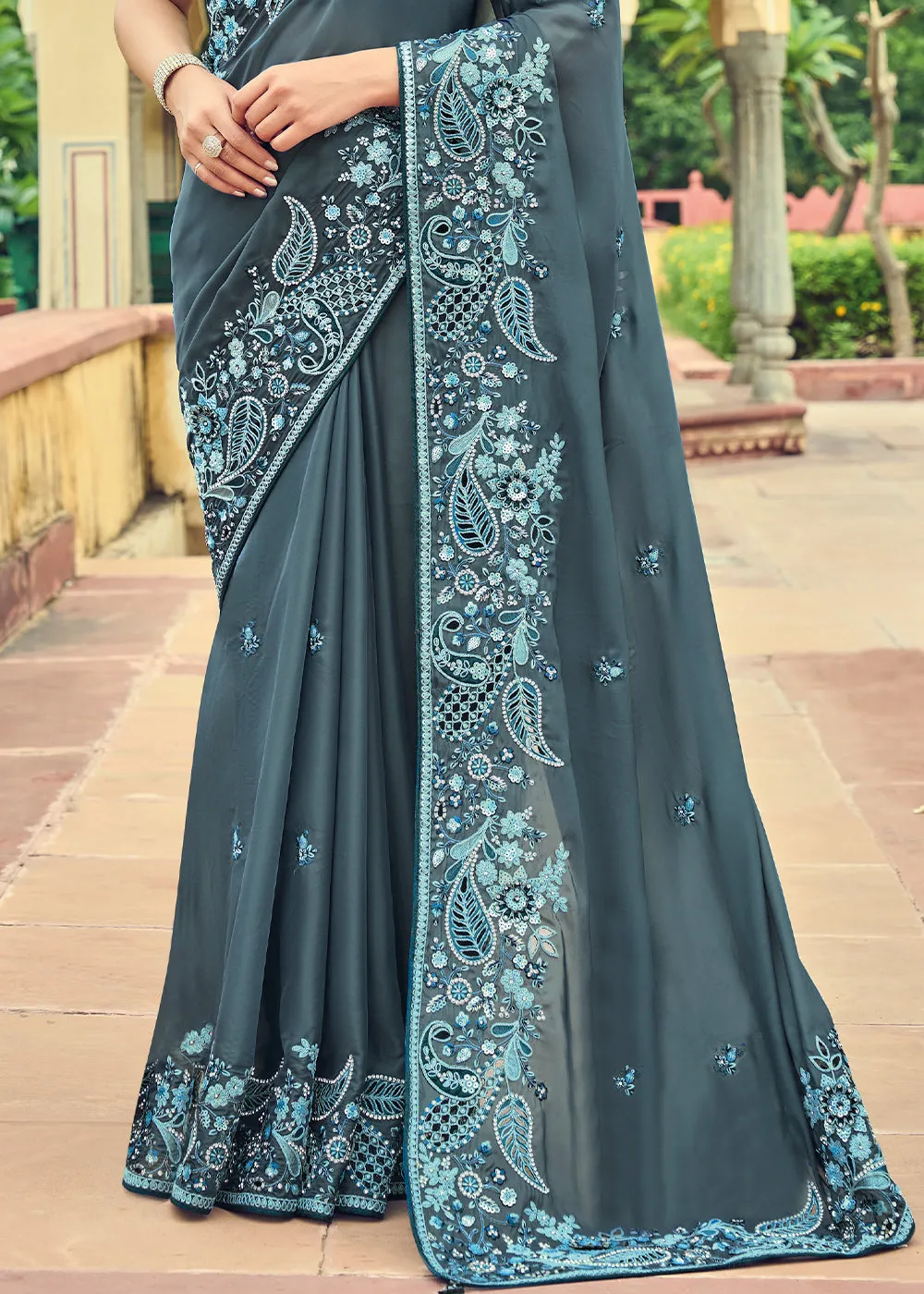 Spruce Blue Designer Organza Saree with Intricate Embroidery work