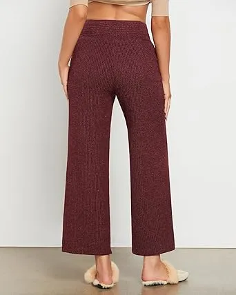 Wine Red  Women's Ankle-Length High-Waist Pants Relaxed Fit Wide-Leg Pull-On Side Pocket